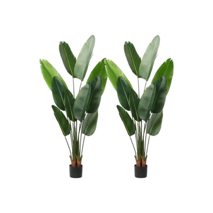 Set of Two 7" Green Artificial Banana Leaf In Cylindrical Black Cement Pot HomeRoots