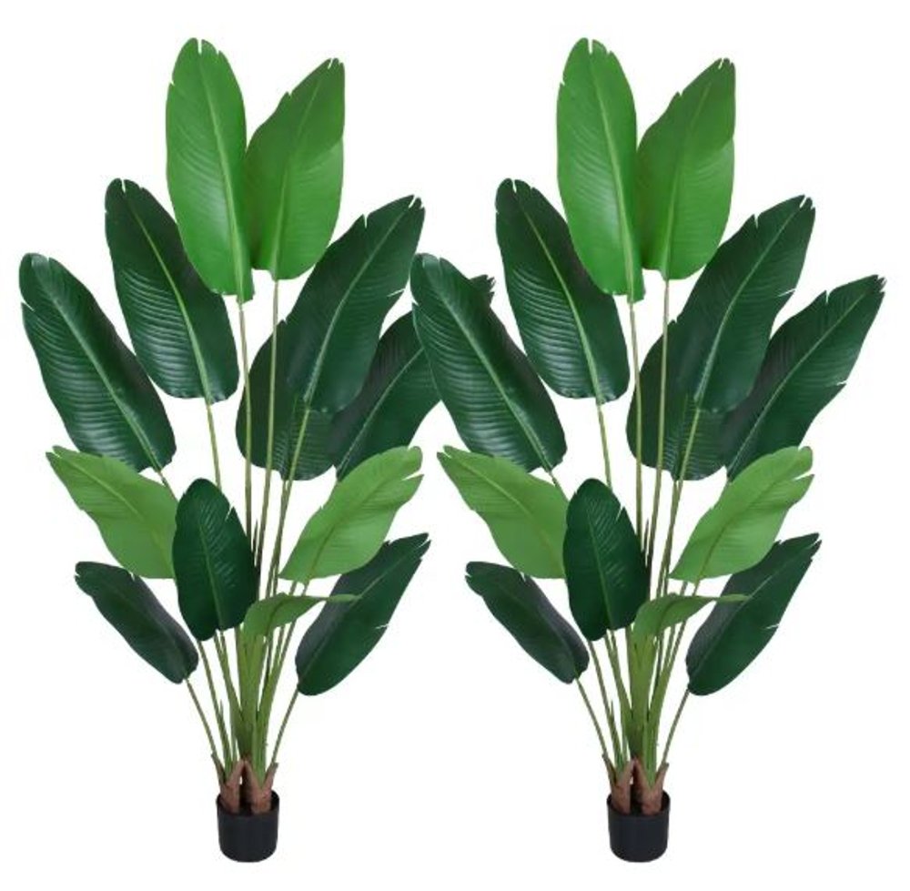 Set of Two 7" Green Artificial Banana Leaf In Cylindrical Black Cement Pot