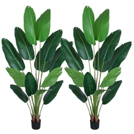 Set of Two 7" Green Artificial Banana Leaf In Cylindrical Black Cement Pot HomeRoots