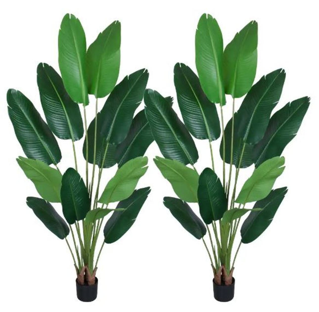 Set of Two 7" Green Artificial Banana Leaf In Cylindrical Black Cement Pot HomeRoots