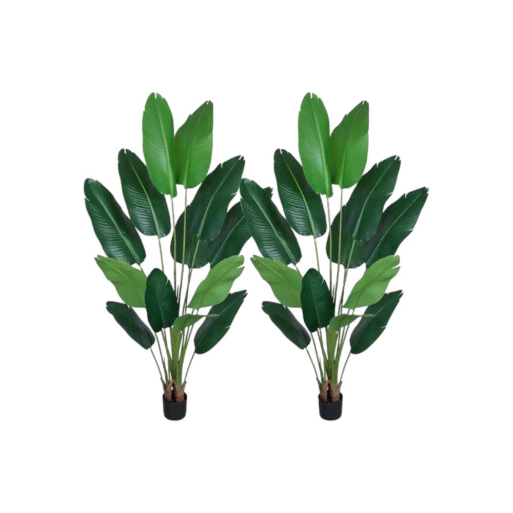 Set of Two 7" Green Artificial Banana Leaf In Cylindrical Black Cement Pot