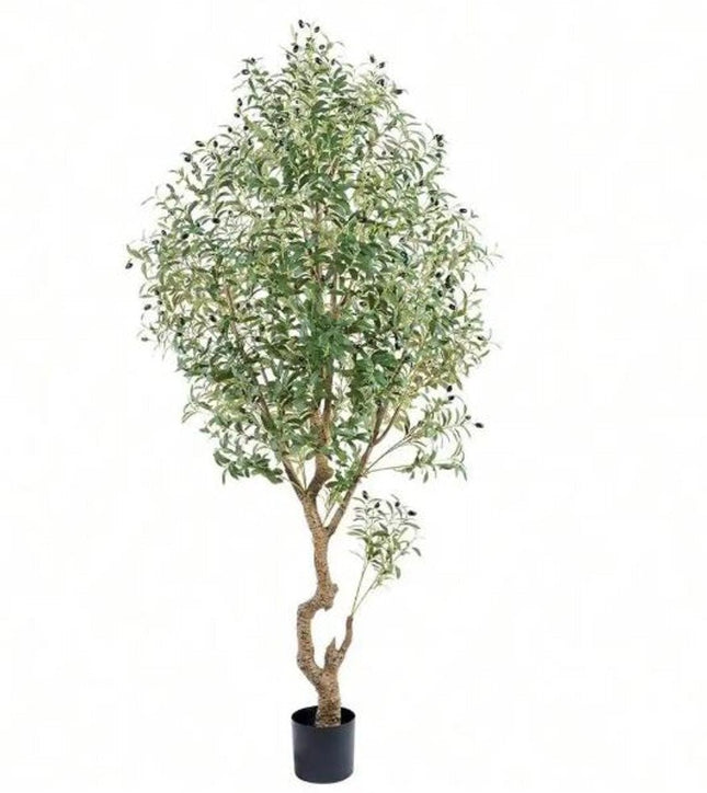 87" Green Artificial Olive Tree In Cylindrical Black Cement Pot HomeRoots