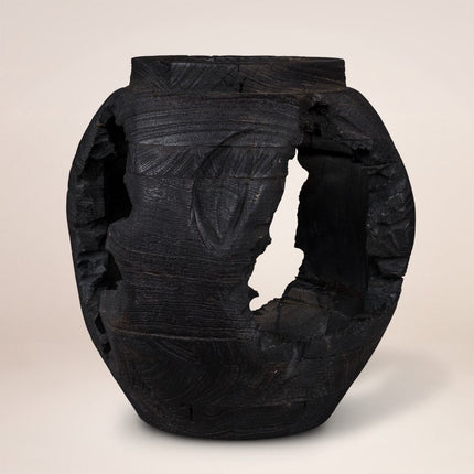 14" Black Solid Wood Table Vase With Sculptural Details HomeRoots