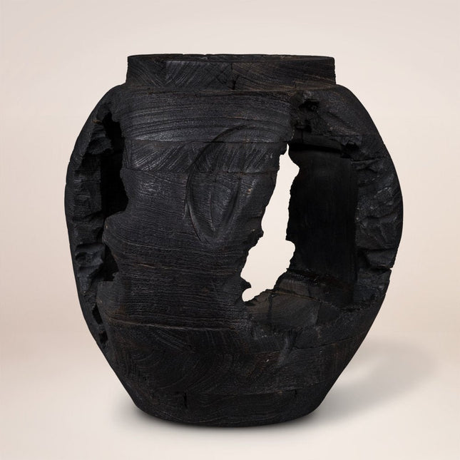 14" Black Solid Wood Table Vase With Sculptural Details HomeRoots