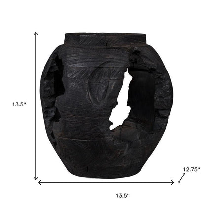 14" Black Solid Wood Table Vase With Sculptural Details HomeRoots