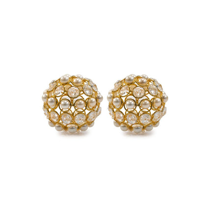 Set of Two 5" Gold Clear And Ivory Metal Faux Crystal And Pearl Decorative Orbs HomeRoots