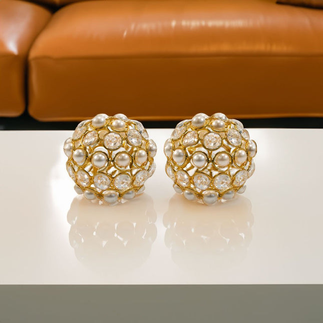 Set of Two 5" Gold Clear And Ivory Metal Faux Crystal And Pearl Decorative Orbs HomeRoots
