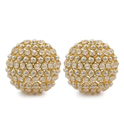 Set of Two 5" Gold Clear And Ivory Metal Faux Crystal And Pearl Decorative Orbs HomeRoots