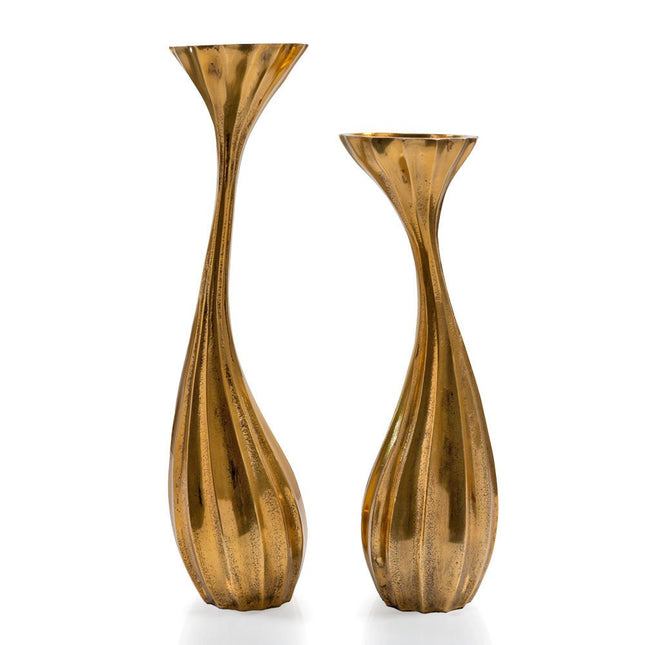 Set of Two Antiqued Gold Aluminum Wavy Faceted Tabletop Pillar Candle Holders