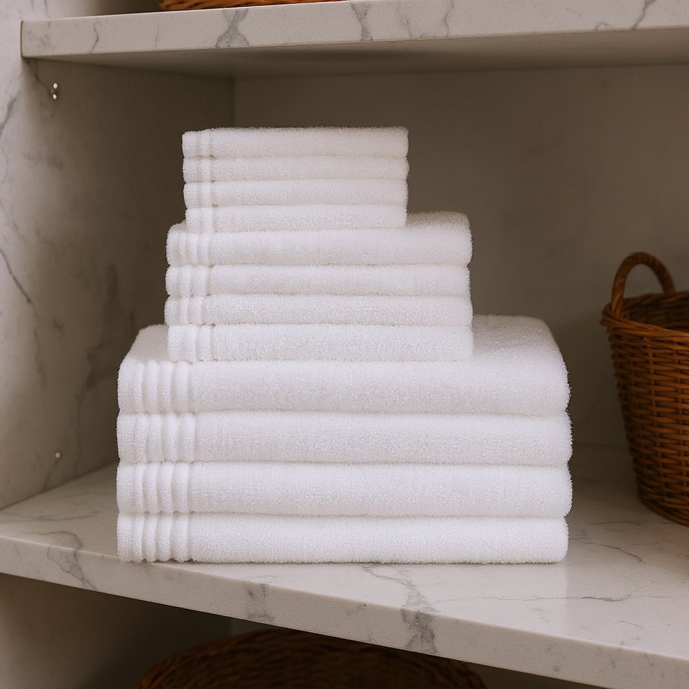 Set of Twelve White Cotton Quick Dry Towel Set