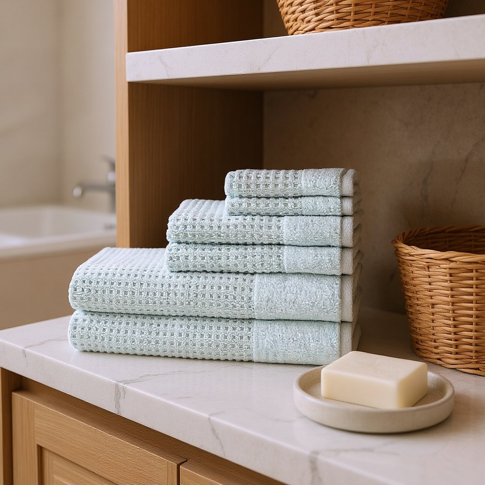 Set of Six Sea Green Cotton Honeycomb Waffle Towel Set