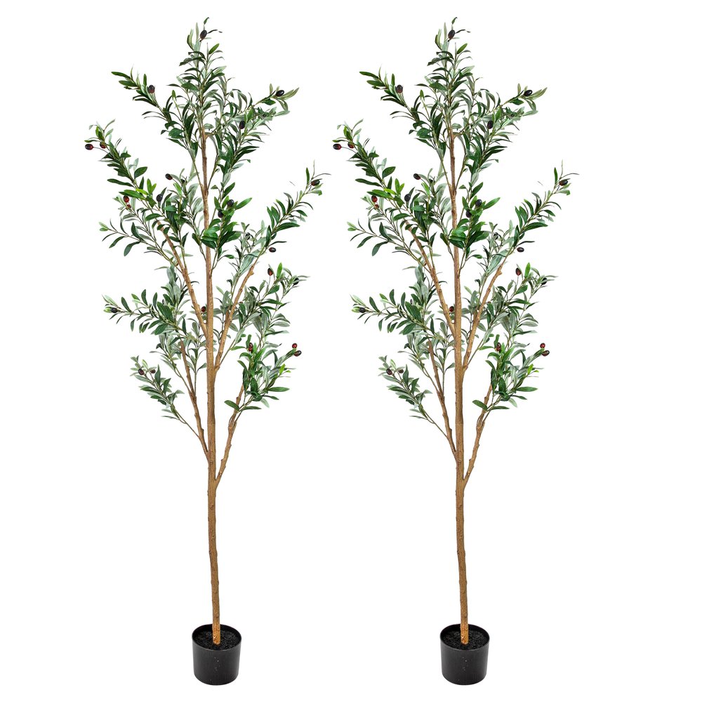 Set of Two 72" Green Artificial Olive Trees in a Black Pots