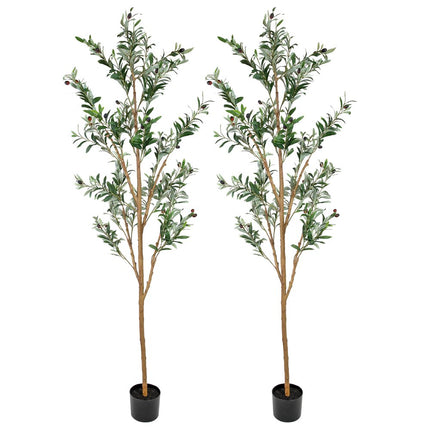Set Of Two 84" Green Artificial Olive Trees in a Black Pot HomeRoots