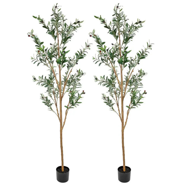 Set Of Two 84" Green Artificial Olive Trees in a Black Pot HomeRoots