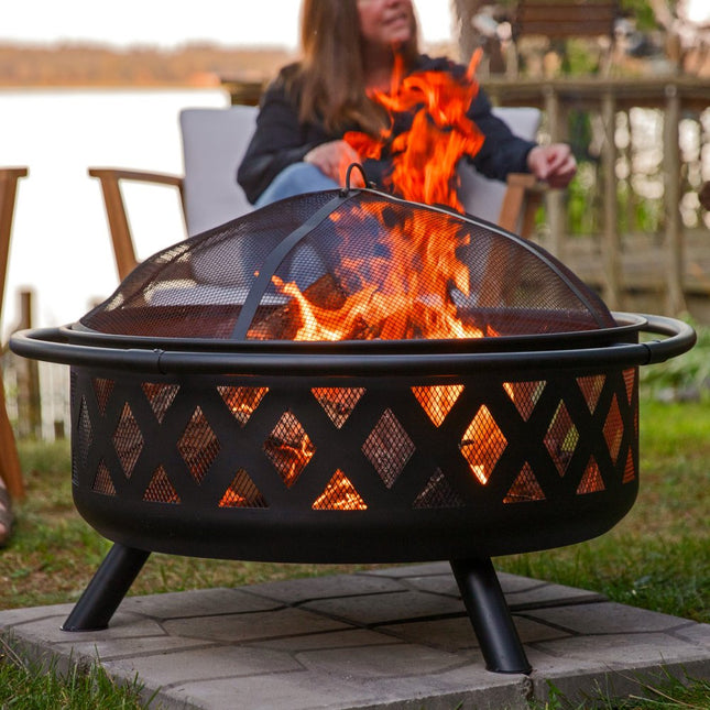 36" Black Steel Wood Burning Round Fire Pit With Cover
