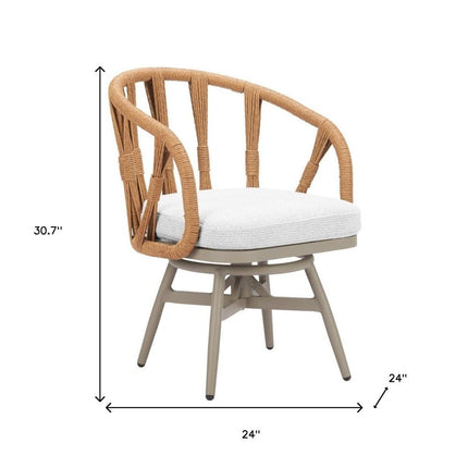 White and Gray Slipcovered Upholstery Open Back Swivel Dining Arm Chair