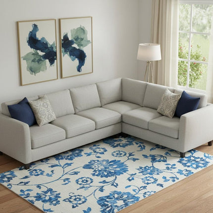 9' X 12' White And Blue Floral Washable Area Rug With UV Protection HomeRoots