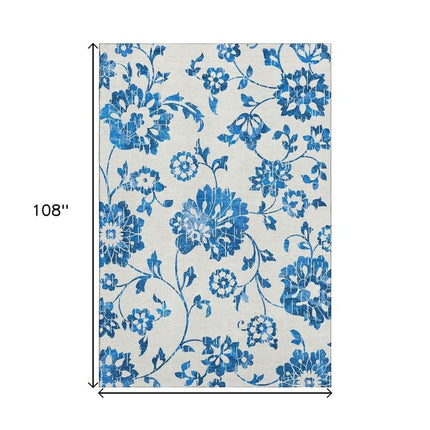 9' X 12' White And Blue Floral Washable Area Rug With UV Protection HomeRoots