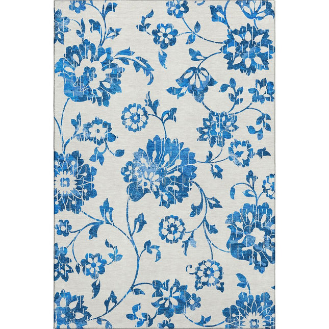 9' X 12' White And Blue Floral Washable Area Rug With UV Protection HomeRoots