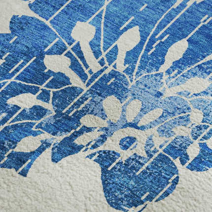9' X 12' White And Blue Floral Washable Area Rug With UV Protection HomeRoots