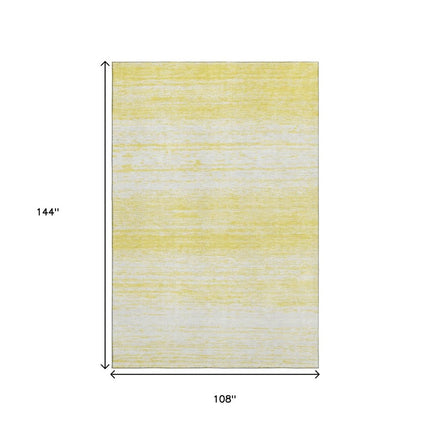 9' X 12' Yellow And Ivory Striped Washable Area Rug With UV Protection