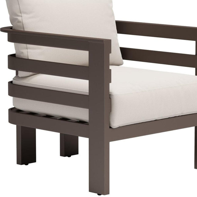 30" Brown Aluminum Outdoor Arm Chair with White Cushion HomeRoots