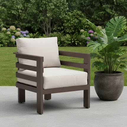 30" Brown Aluminum Outdoor Arm Chair with White Cushion HomeRoots