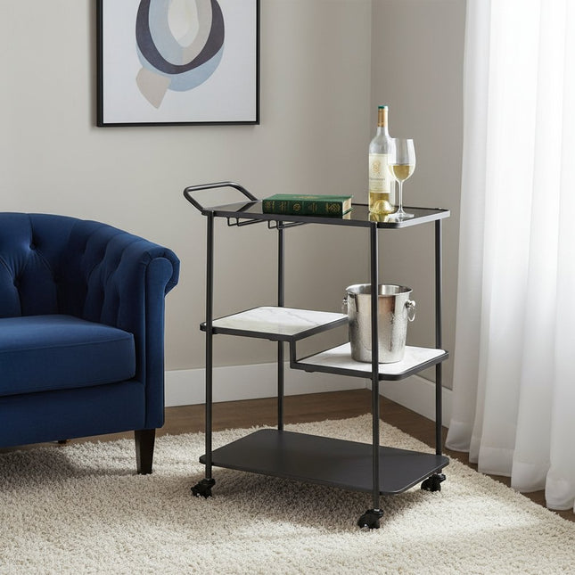 25" Black Steel and Faux Marble Glass Rolling Bar Cart