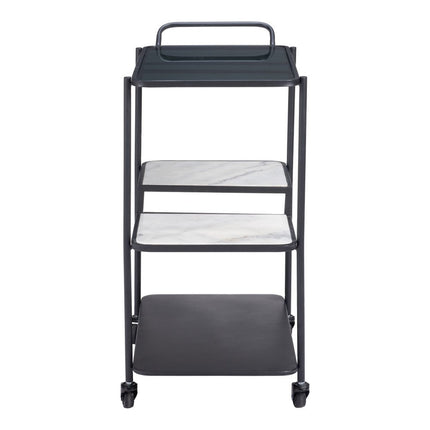 25" Black Steel and Faux Marble Glass Rolling Bar Cart