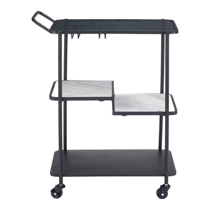 25" Black Steel and Faux Marble Glass Rolling Bar Cart