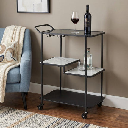 25" Black Steel and Faux Marble Glass Rolling Bar Cart