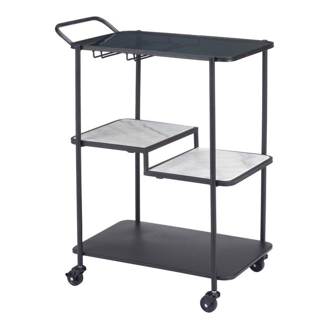 25" Black Steel and Faux Marble Glass Rolling Bar Cart