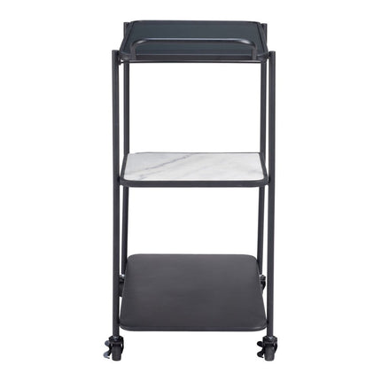 25" Black Steel and Faux Marble Glass Rolling Bar Cart