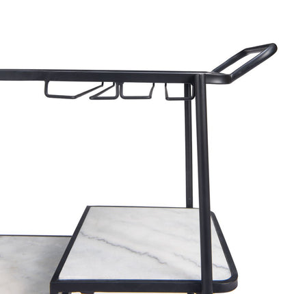 25" Black Steel and Faux Marble Glass Rolling Bar Cart