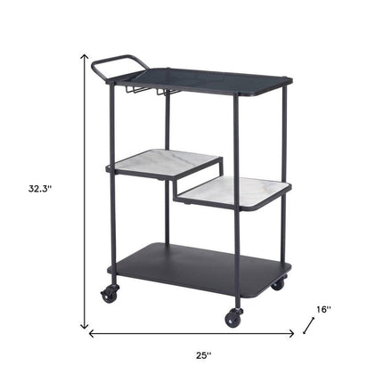 25" Black Steel and Faux Marble Glass Rolling Bar Cart