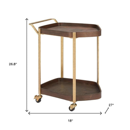 27" Walnut And Brass Wood and Steel Rolling Bar Cart HomeRoots