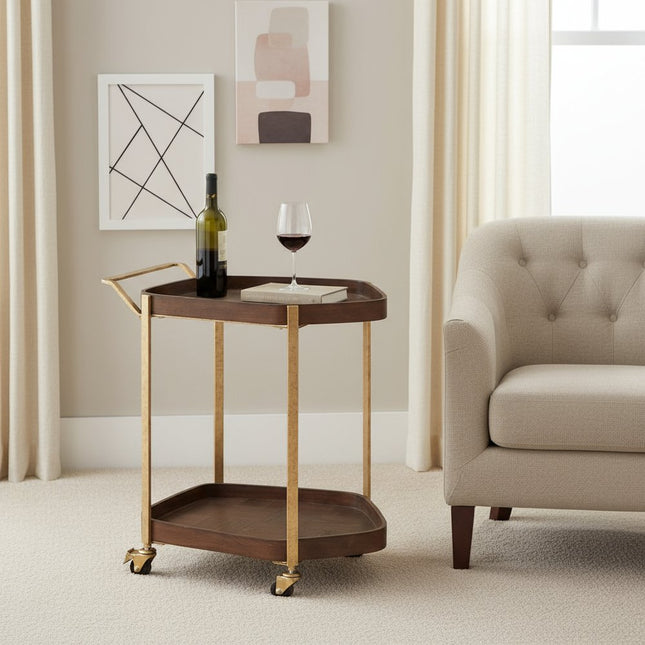 27" Walnut And Brass Wood and Steel Rolling Bar Cart