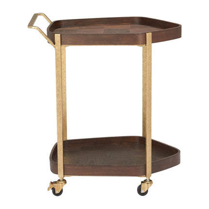 27" Walnut And Brass Wood and Steel Rolling Bar Cart HomeRoots