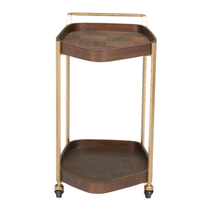 27" Walnut And Brass Wood and Steel Rolling Bar Cart HomeRoots