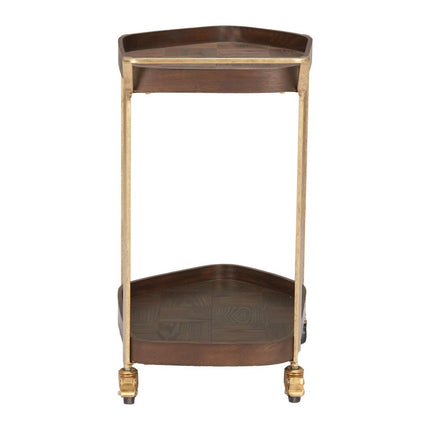 27" Walnut And Brass Wood and Steel Rolling Bar Cart HomeRoots