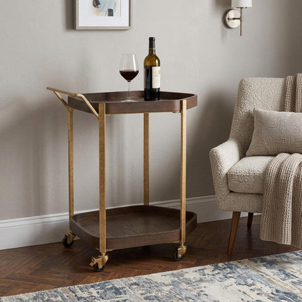 27" Walnut And Brass Wood and Steel Rolling Bar Cart HomeRoots