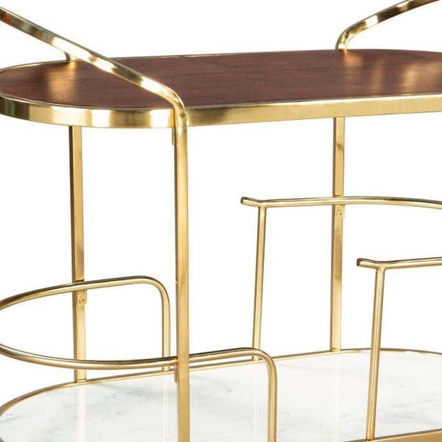 32" Brown Gold And White Iron Solid Wood and Marble Oval Rolling Bar Cart HomeRoots