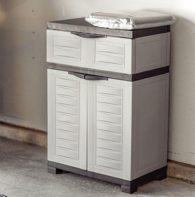 24" Gray Plastic Accent Cabinet With Two Doors And One Drawer HomeRoots