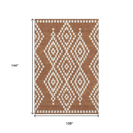 9' X 12' Terra Cotta And Ivory Geometric Washable Area Rug With UV Protection HomeRoots