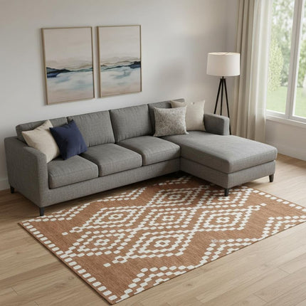 9' X 12' Terra Cotta And Ivory Geometric Washable Area Rug With UV Protection HomeRoots