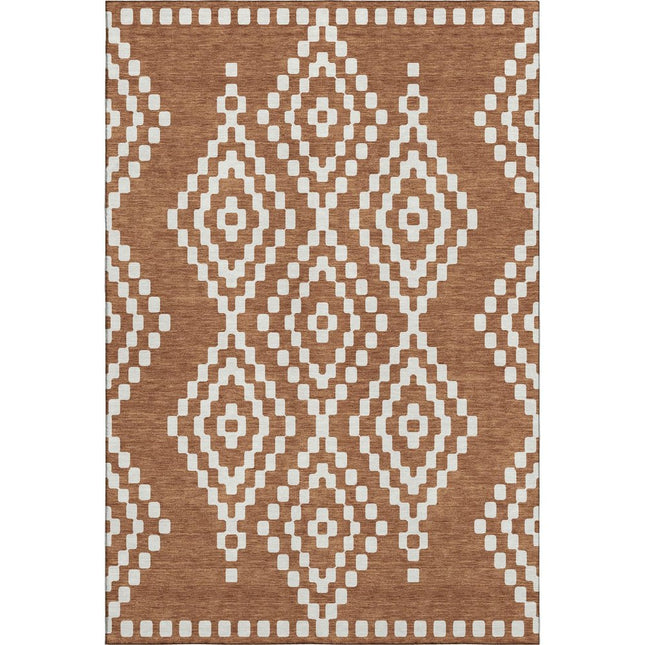9' X 12' Terra Cotta And Ivory Geometric Washable Area Rug With UV Protection