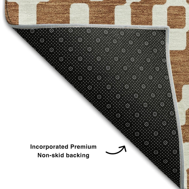 9' X 12' Terra Cotta And Ivory Geometric Washable Area Rug With UV Protection