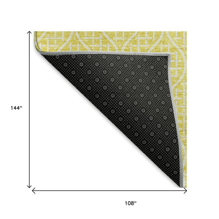 9' X 12' Yellow And Ivory Geometric Washable Area Rug With UV Protection