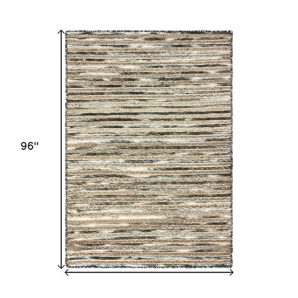 8' X 10' Charcoal Cream And Natural Striped Hand Braided Area Rug