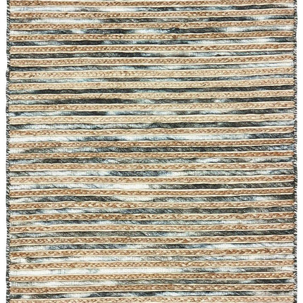 8' X 10' Charcoal Cream And Natural Striped Hand Braided Area Rug